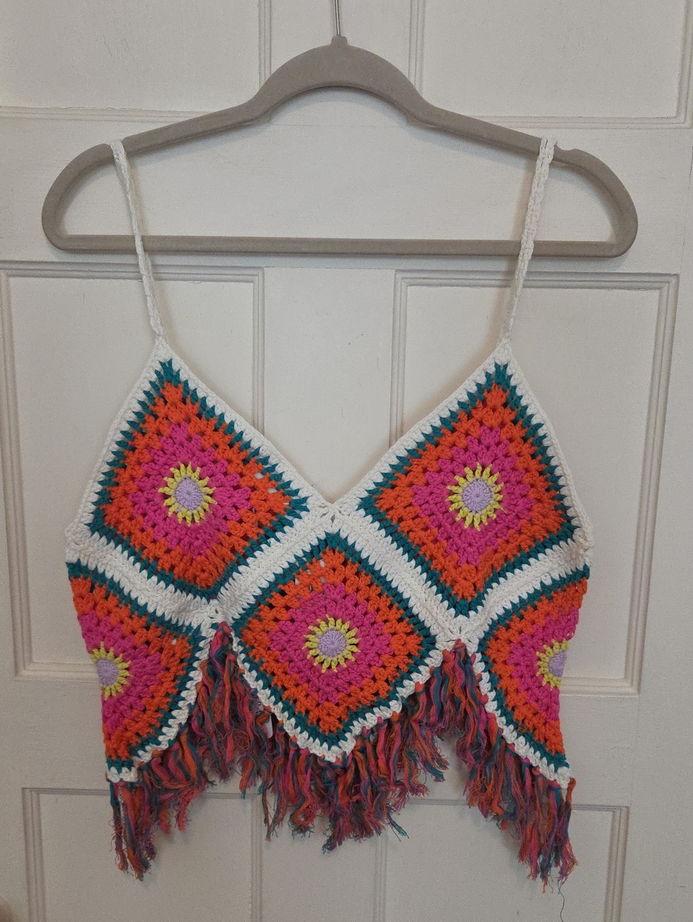 Self Contrast Dixie Crochet Camisole Knit Fringe Hem Top In Happy Colors SZ Med - Picture 16 of 16